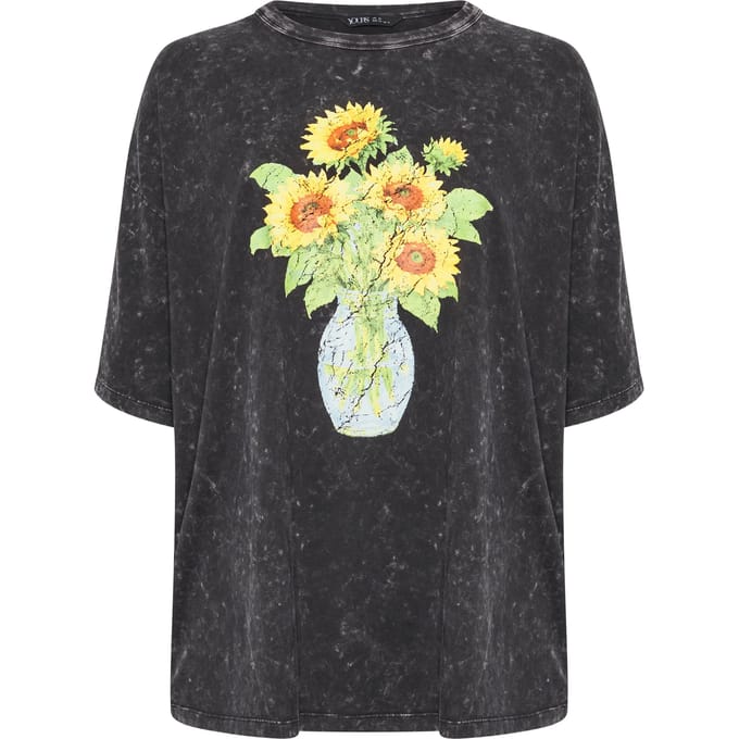 Yours Grijs Acid Wash Tshirt Met Zonnebloemprint Size 66-68