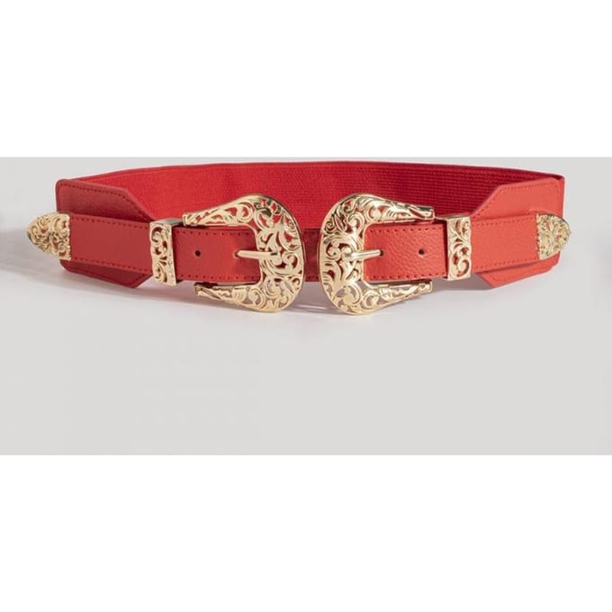 Ceinture Élastique Large à Double Boucle Creuse Sculptée Rétro pour Femme Accessoire de Mode Ceinture Polyvalente pour Marquer la Taille 115CM rouge