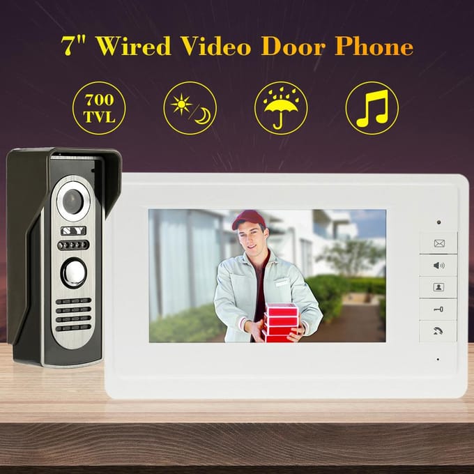 7  bekabeld videodeurtelefoonsysteem Visuele intercomdeurbel met binnenmonitor en buitencamera US Plug  with logo wit