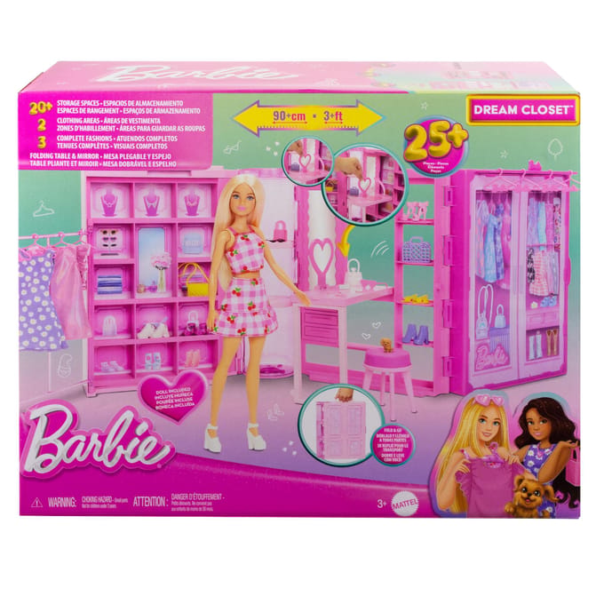 Barbie Super Kledingkast - Modepop met 25+ Stukken, Roze Glitterkast %26 Kaptafel