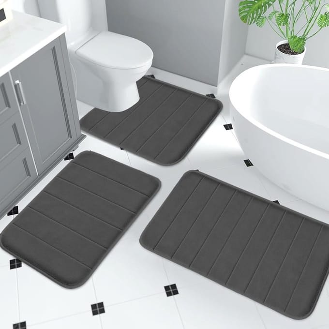 Set van 3 Antislip Badmatten voor Badkamer - Wasbare Douche- en Toiletmatten in Donkergrijs