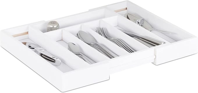 Famanu – Besteklade - uitschuifbaar - variabele breedte - 5-7 vakken - organizer van bamboe - 37,10 x 31,80 x 5,20 - wit