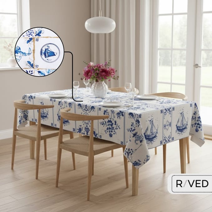 Raved Tafelzeil 140×290 cm – Delfts Tegels – Beige/Blauw – PVC – Afwasbaar