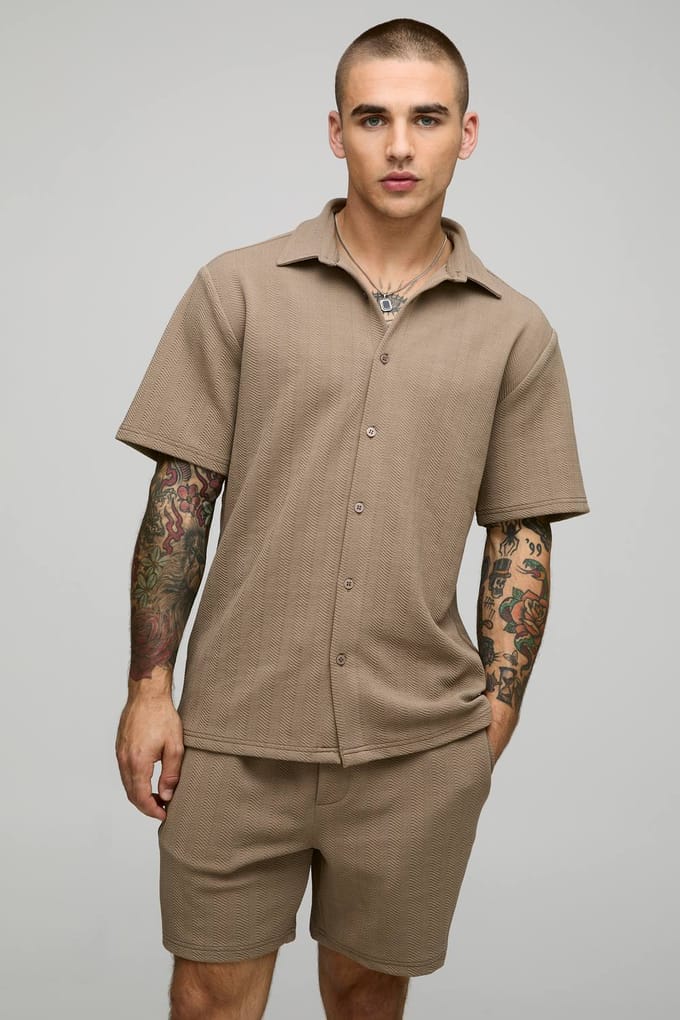 Korte mouw jersey regulier visgraat overhemd en shortset | Taupe | Size 3XL