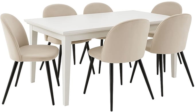Venedig eethoek eettafel wit 95x180/276 met 2 stuks extra plaat 6 stoelen velours beige.