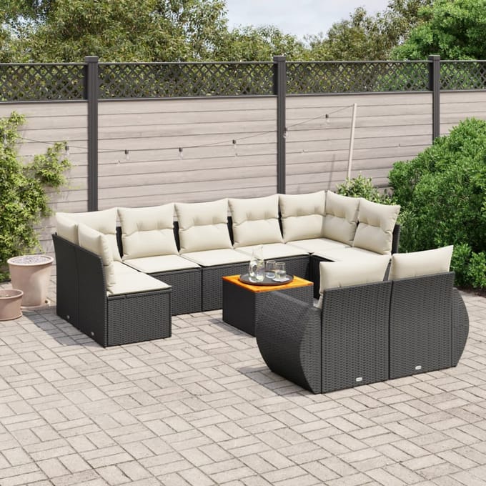 vidaXL - 10-delige - Loungeset - met - kussens - poly - rattan - zwart