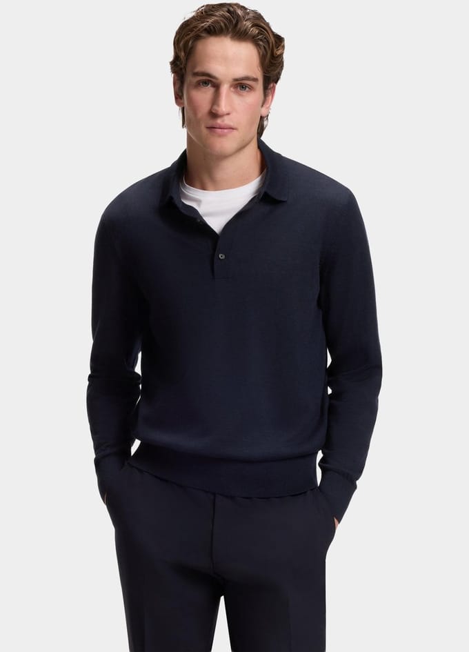 BOSS Lancione regular fit trui wol - heren trui middeldik gebreide polo - donkerblauw