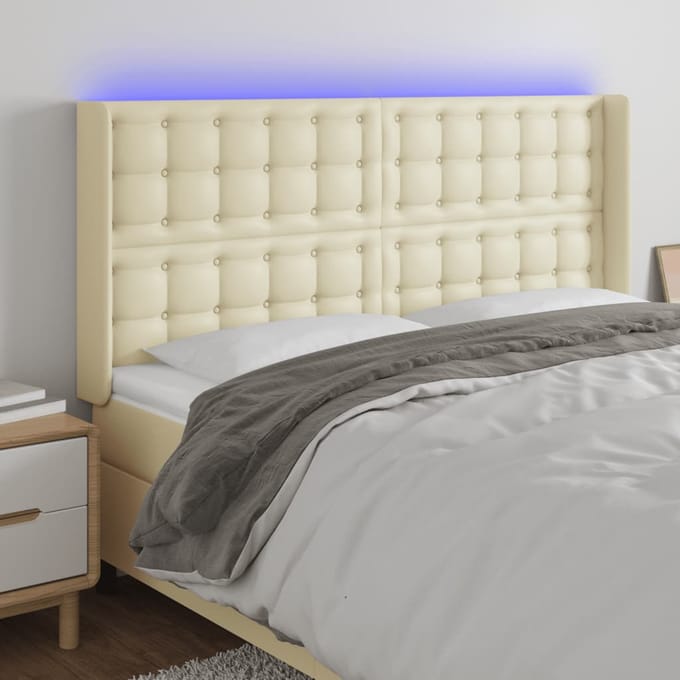 vidaXL - Hoofdbord - LED - 147x16x118/128 - cm - kunstleer - crèmekleurig