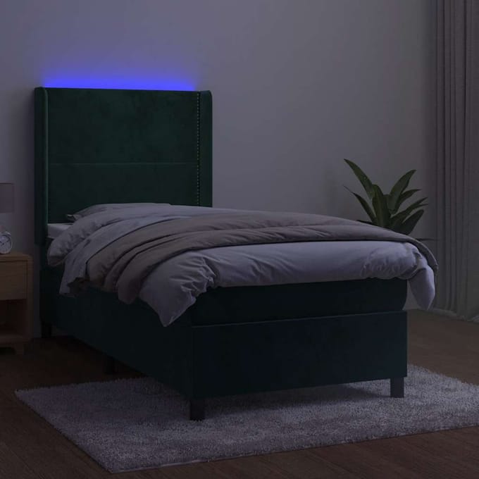 vidaXL - Boxspring - met - matras - en - LED - fluweel - donkergroen - 90x200 - cm