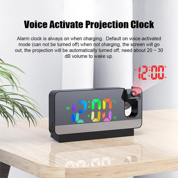 Projectiewekker Digitale klok met 180 graden draaibare projector Helder kleurrijk groot LED-scherm wit