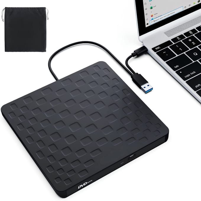 KAD® DVD Speler - USB 3.0 en Type-C - DVD Speler Laptop - DVD Brander - Zwart - 15cm x 15cm x 2cm