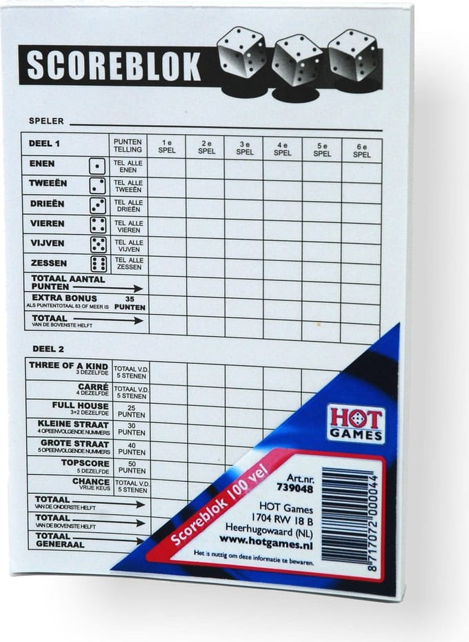 HOT Games Dobbel Scoreblok - Dik bloc van 100 vel - 15 x 10,5 cm