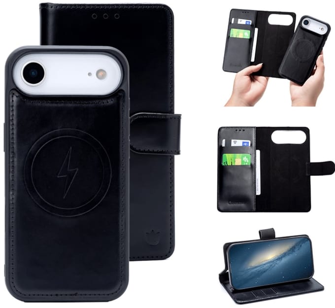 Cityhoesje - Bookcase 2 in 1 - iPhone 17 Air - Magsafe - Echt Leer - Zwart