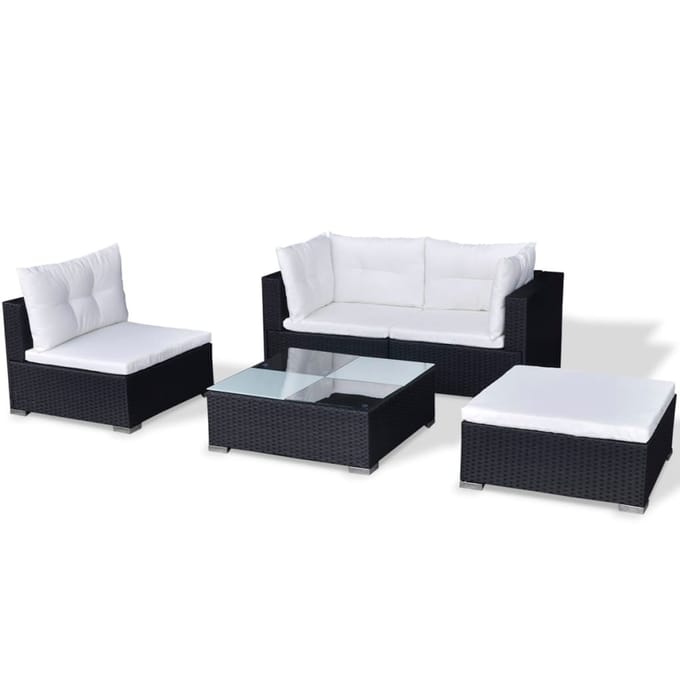 vidaXL - 5-delige - Loungeset - met - kussens - poly - rattan - zwart
