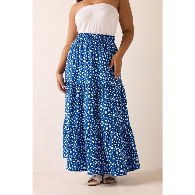 Yours Blauwe Gelaagde Maxirok Met Bloemenprint Size 42