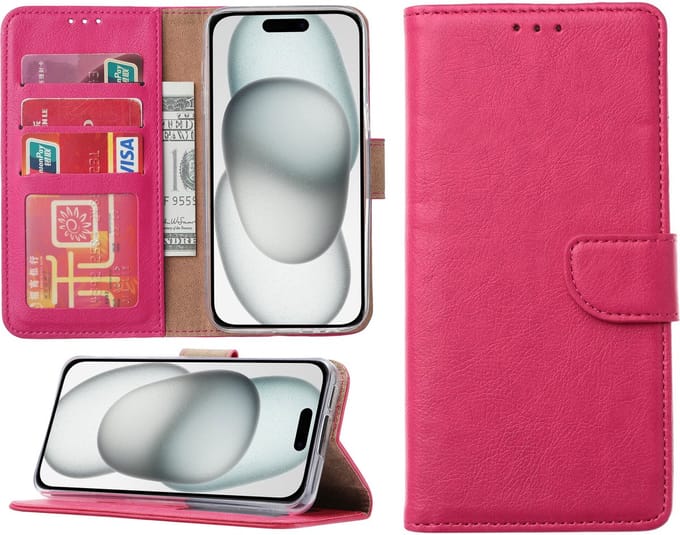 Hoesje geschikt voor iPhone 15 - Bookcase - Pasjeshouder - Kunstleer - Roze