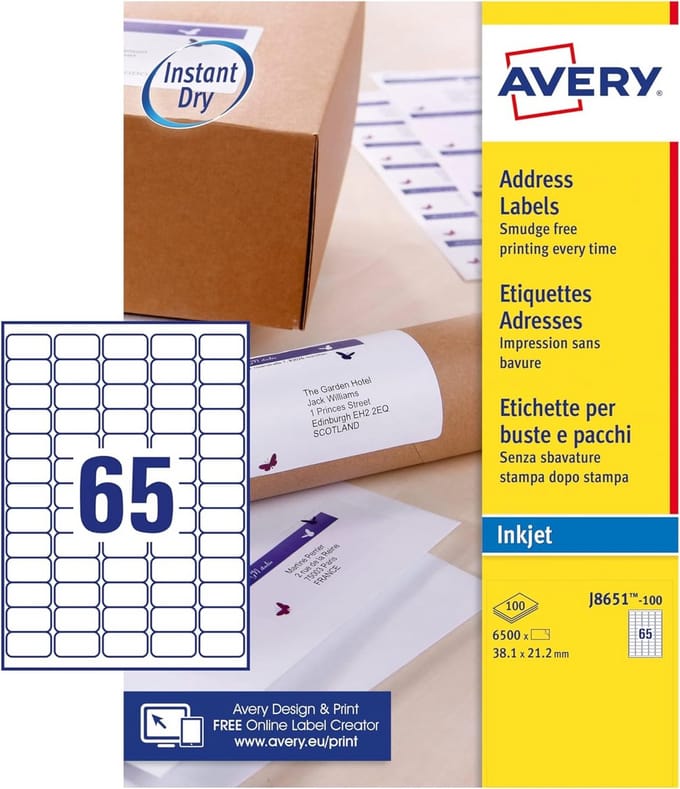 100 Vel Mini-Etiketten Wit voor Inkjetprinter - 38,1 x 21,2 mm - 6500 Stickers