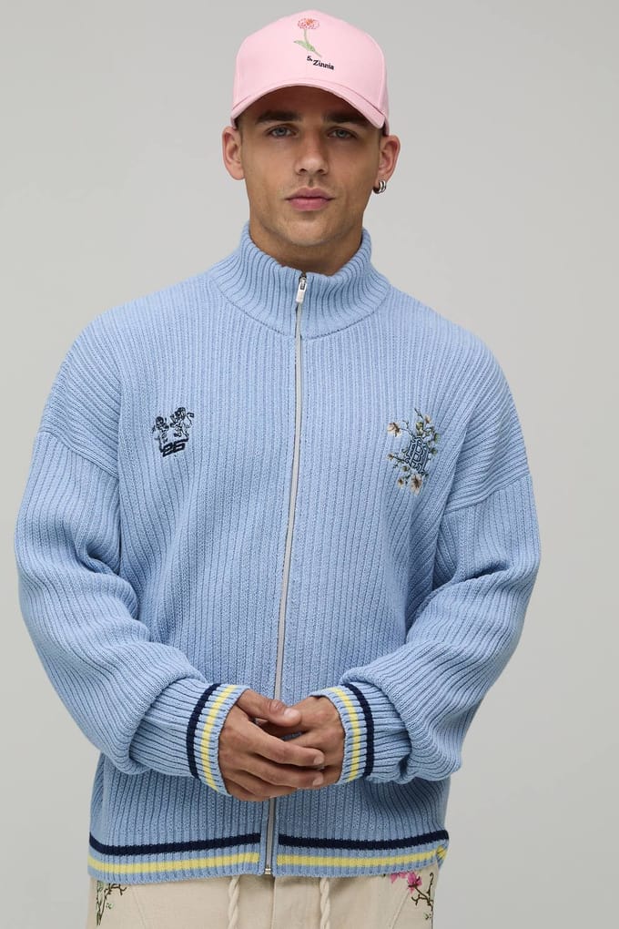 Geribbeld Gebreid Trainingsjack Met Trechterkraag En Borduursel | Light Blue | Size Medium