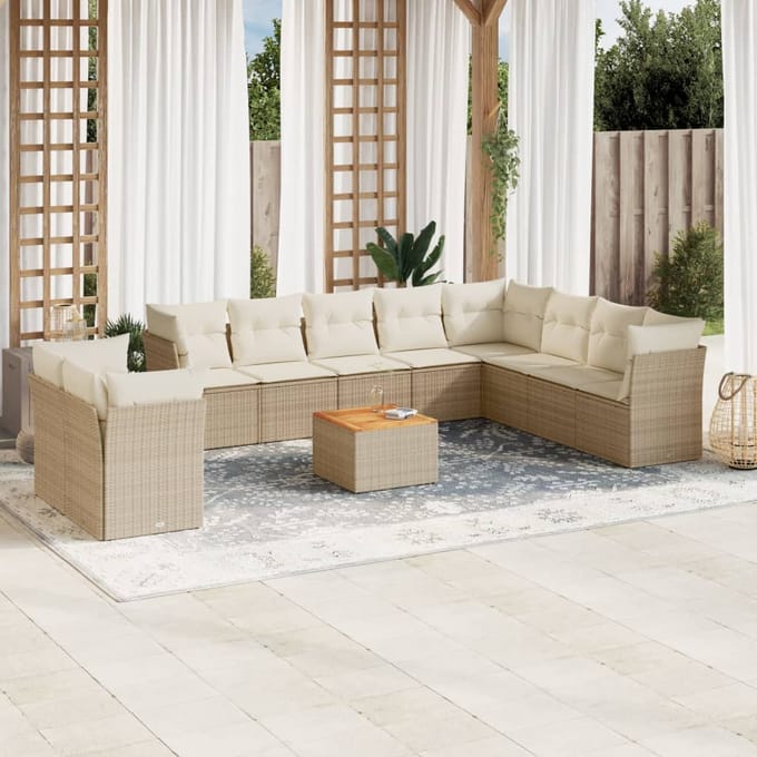 vidaXL - 11-delige - Tuinset - met - kussens - poly - rattan - beige