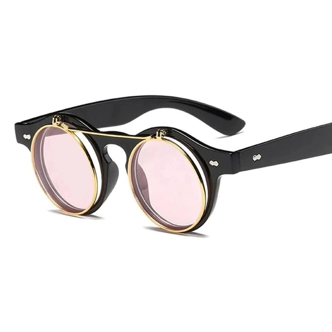 Mode Vintage Rond Stoompunk Flip-Up Zonnebril UV400 Dubbellaags Schelpontwerp Zonnebril Oculos De Sol 1PC black