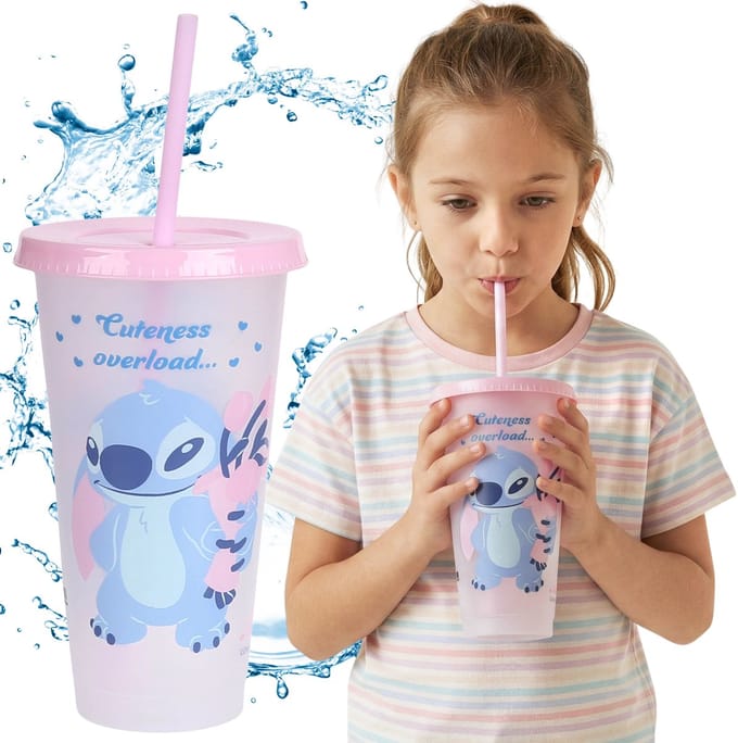 DISNEY Stitch Beker voor koude dranken met rietje en deksel, drinkbeker, reisbeker 700ml
