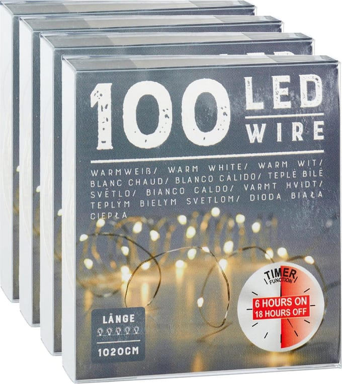 Draadverlichting lichtsnoer - 4x - 100 cm - 100 leds - warm wit - batterij - timer - kerstverlichting