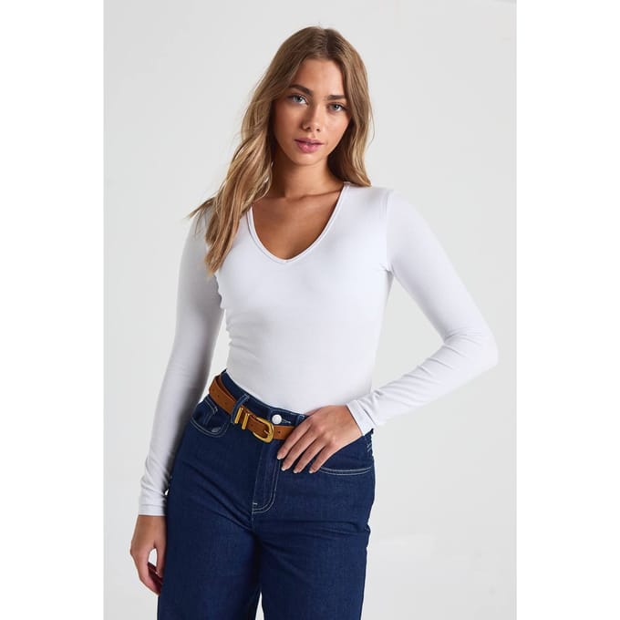 boohoo Dames Geribbeld ingebouwde beha lange mouwen V-hals top | Wit | Maat: 40