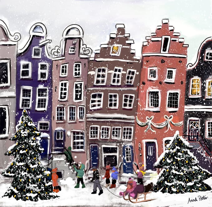 Kerstkaarten Amsterdam - (Mix 2) - 5 verschillende kaarten - inclusief enveloppen