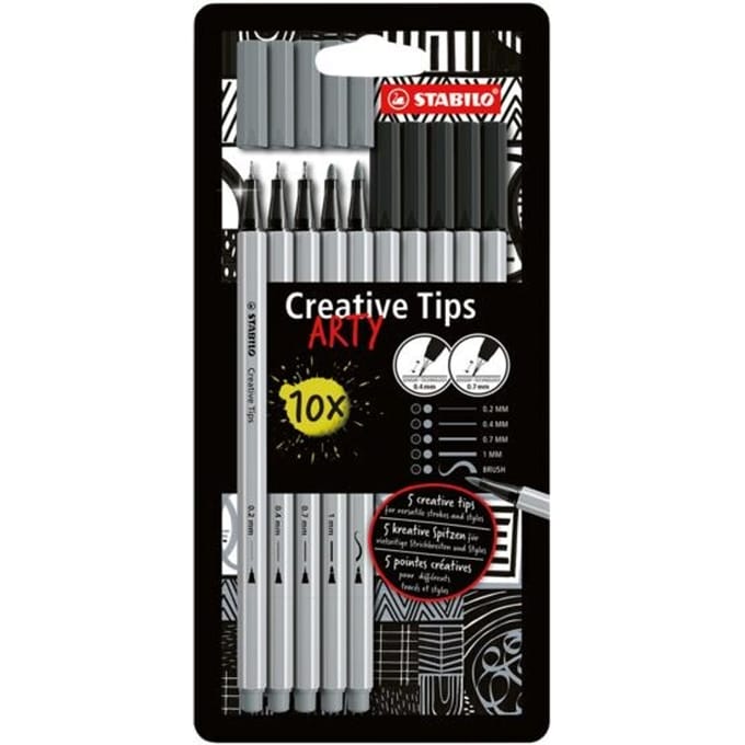 STABILO Creative Tips - Pennenset met diverse puntdiktes – ARTY – Etui Met 10 Stuks – Zwart, Grijs