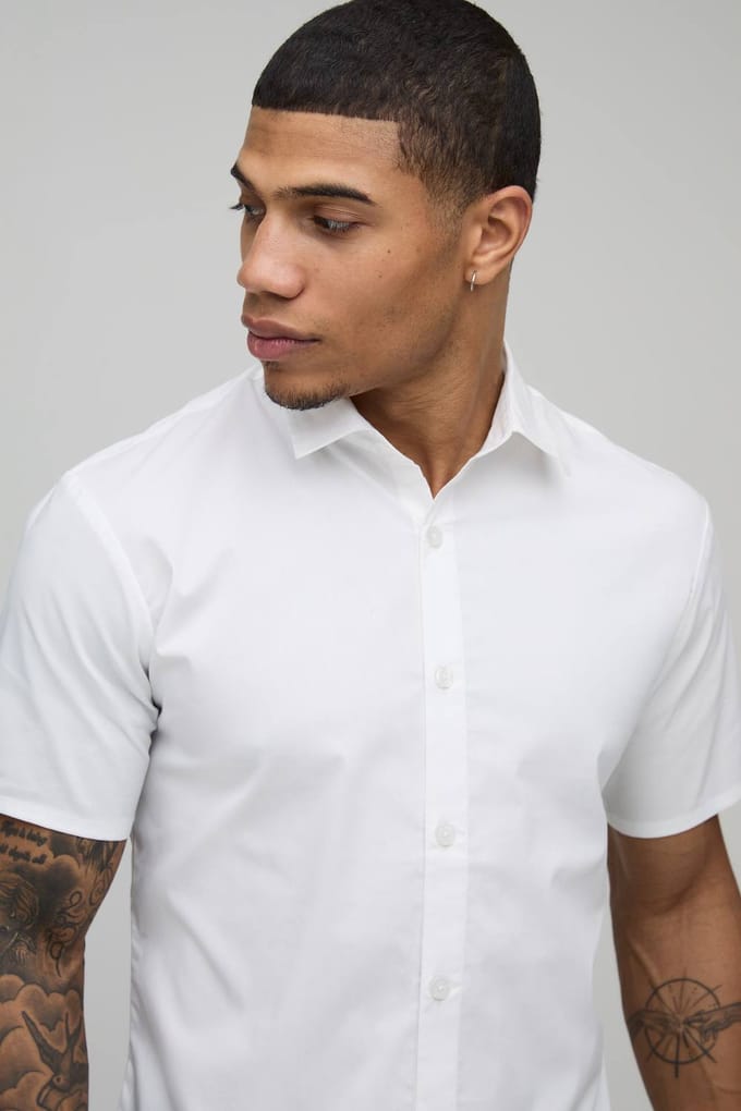 Slim Fit Korte Mouw Katoenen Overhemd | White | Size Medium