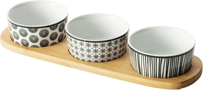 5Five Serveerplank/borrelplank hapjes/saus/tapas - aardewerk - wit - met 3x schaaltjes