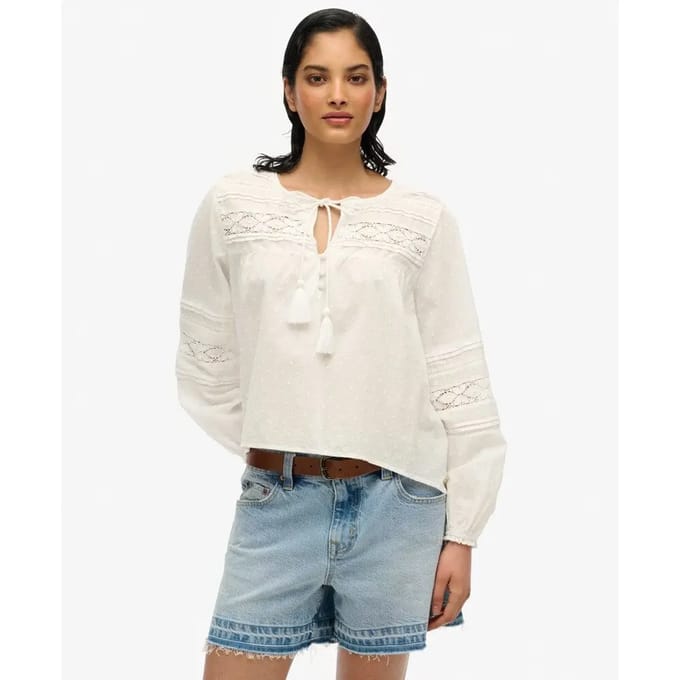 Superdry Ibiza Blouse met Kant White Grootte: 38