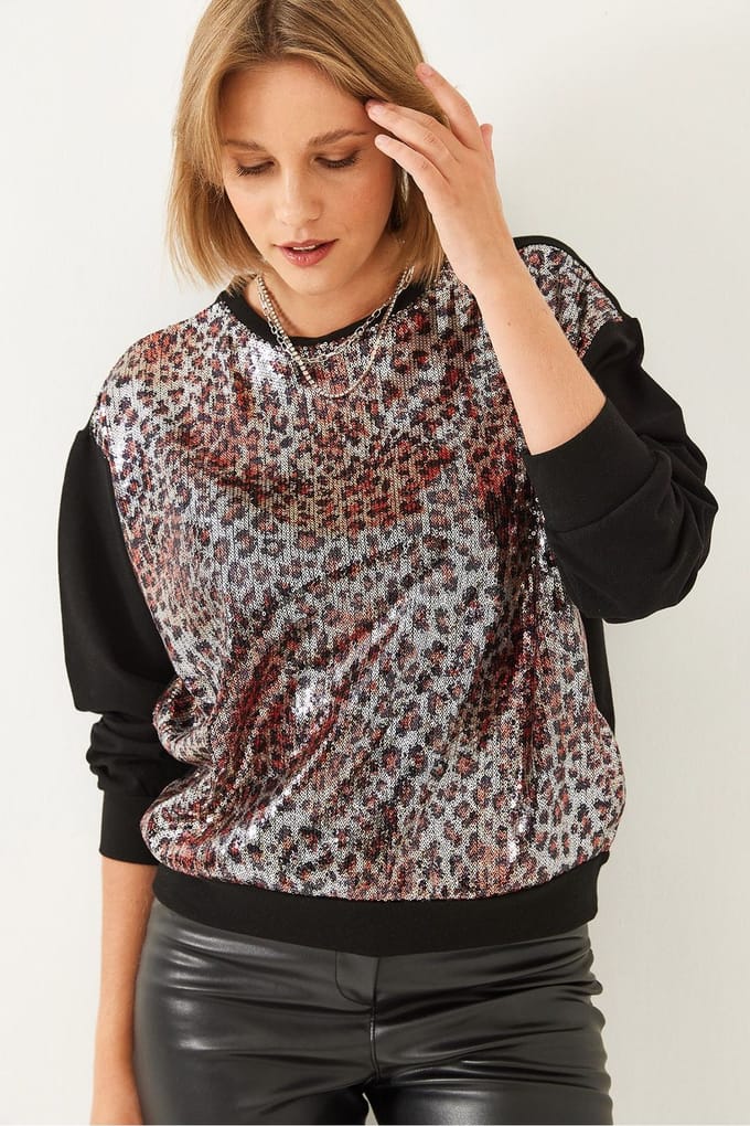 Leopardprint Sequins Crewneck Sweatshirt