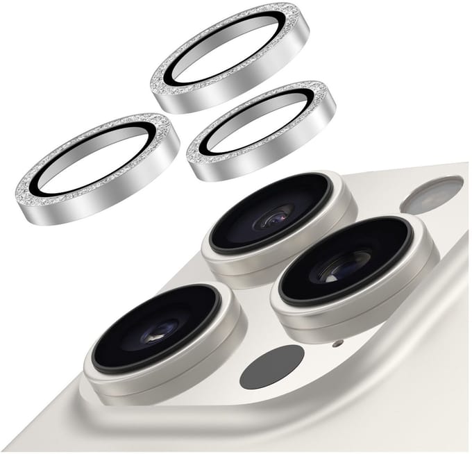 AVY Camera Lens Protector Rings | Geschikt voor Apple iPhone 16 Pro / 16 Pro Max | Camera Lens Protector Glas | Schokbestendig | Krasbestendig | met Applicator | Glitter Zilver