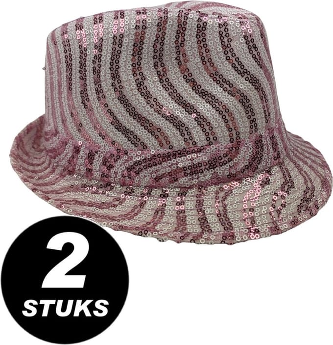 Luxe trendy glitter hoed roze/wit - SET 2 STUKS
