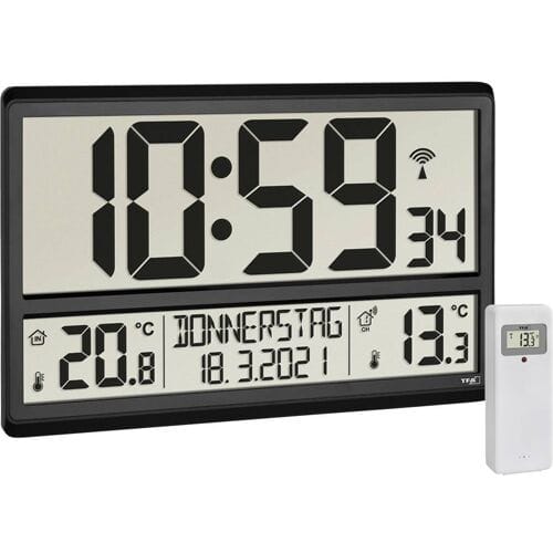 TFA Dostmann 60.4521.01 Wandklok Zendergestuurd 36 cm x 2.8 cm x 23.5 cm Zwart Groot display