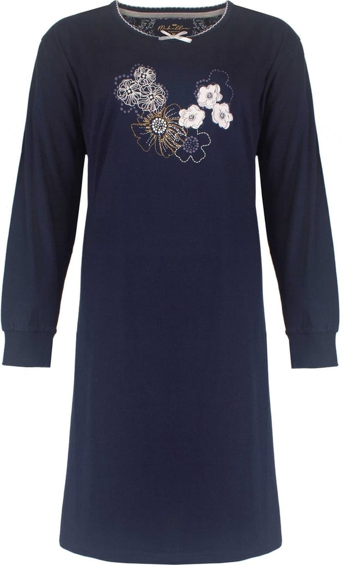 Medaillon Dames Nachthemd - Lange Mouwen - Navy Blauw - Maat S
