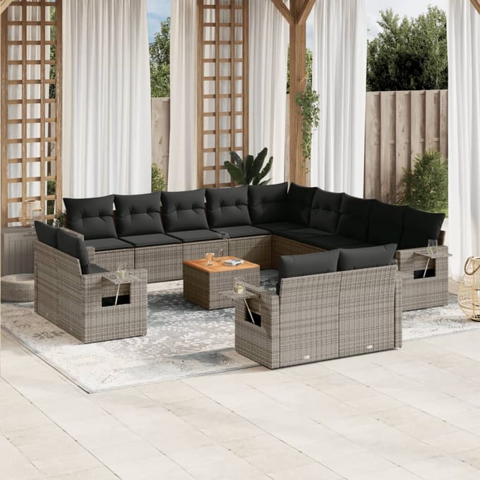 vidaXL - 14-delige - Loungeset - met - kussens - poly - rattan - grijs