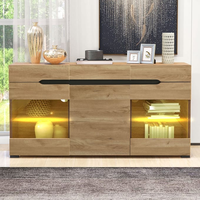 Sweiko Dressoir - LED-verlichting - Glazen plank - 3 laden - Natuurlijke