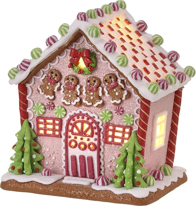 Viv! Christmas Kerstbeeld - Gingerbread Mannetjes Huis van Klei incl. LED Verlichting - pastel roze - 22cm