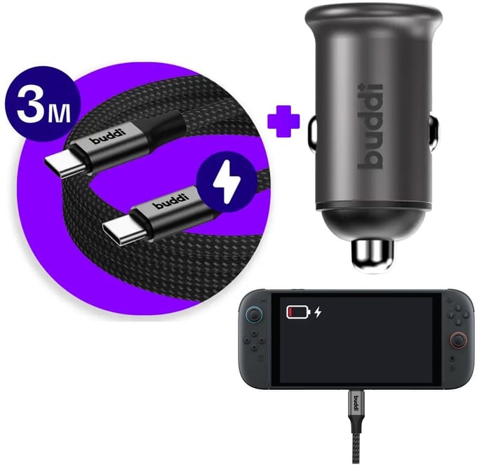 Nintendo Switch / Switch 2 - 45W Buddi Autolader met 3M USB-C naar USB-C kabel