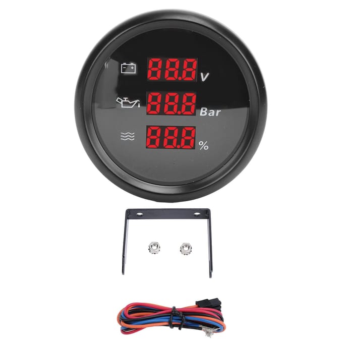 52mm Digitale Spanning Oliedruk Waterniveau Meter Waterdicht Rode Achtergrond Oliedruk Waterniveau Voltmeter voor Black Dial Black Bezel