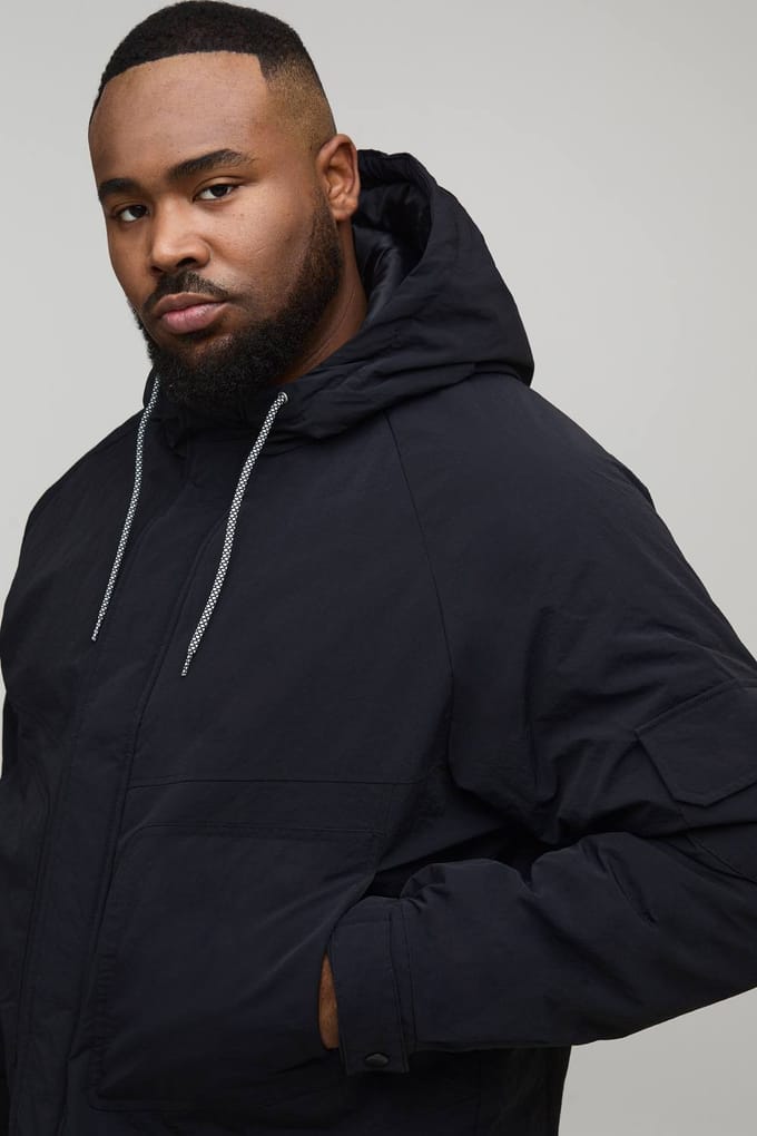 Plus Regular Fit parka met naaddetails en capuchon | Black | Size 2XL