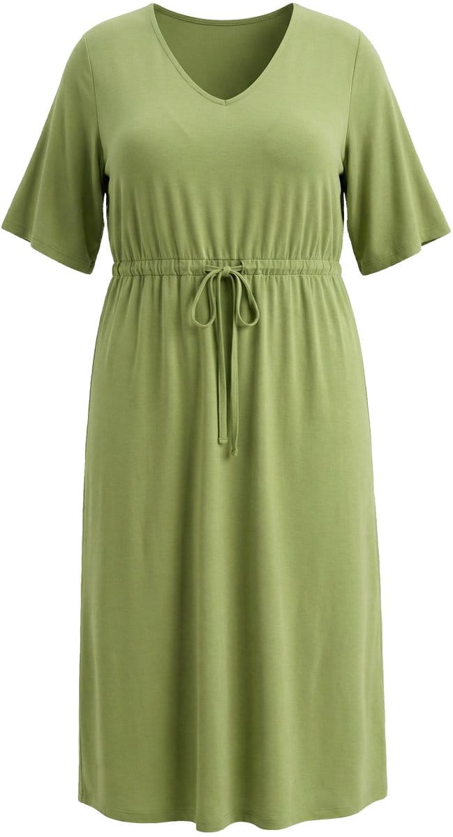 Ulla Popken - Dames - Maxi-jurk A-lijn V-hals korte mouw - Grasgroen - Maat 46+