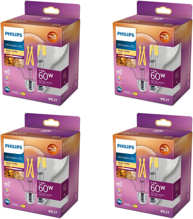 Philips Voordeelverpakking - E27 - LED Globelamp - Helder - 60W - Dimbaar - Warmwit Licht - Set van 4 Stuks