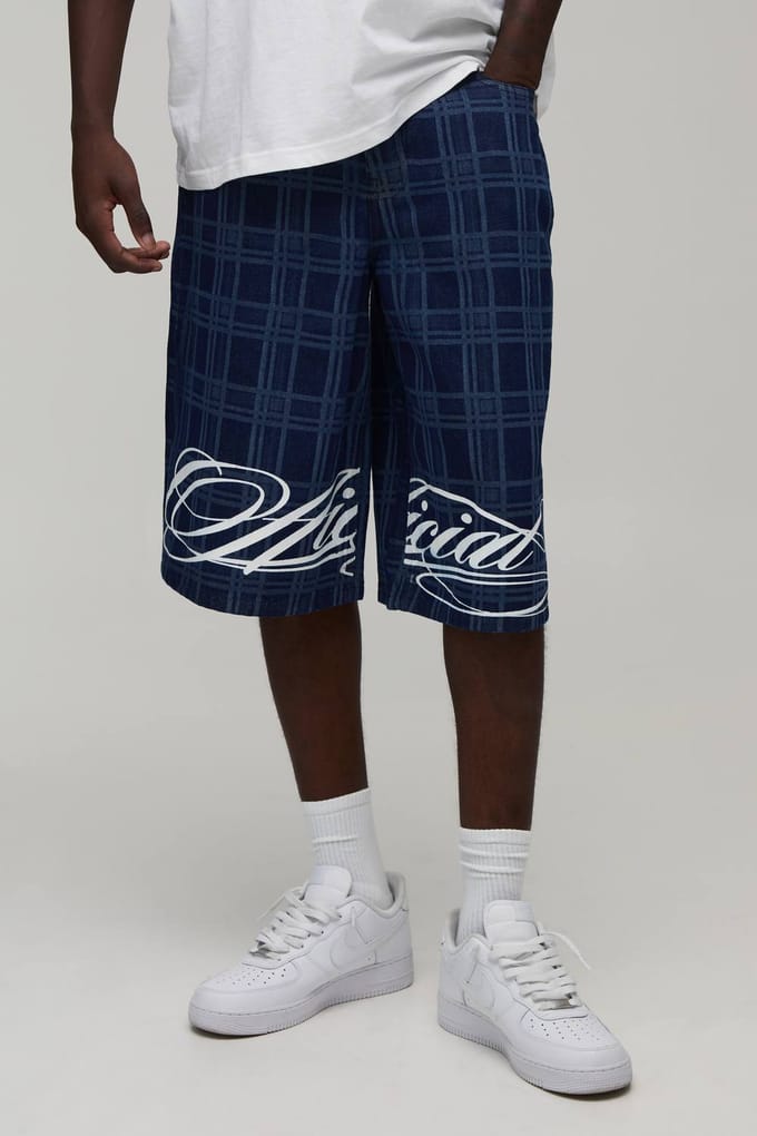 Longline Check Printed Denim Jorts | Indigo | Size 48