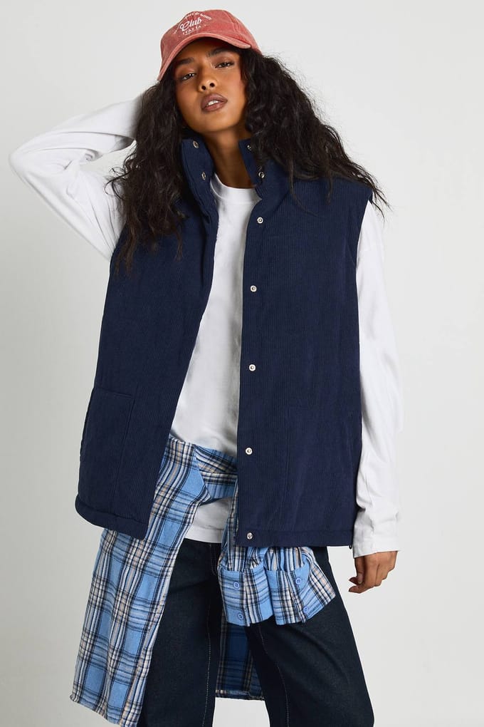 boohoo Dames Cord Gewatteerde Gilet | Navy | Maat: 8