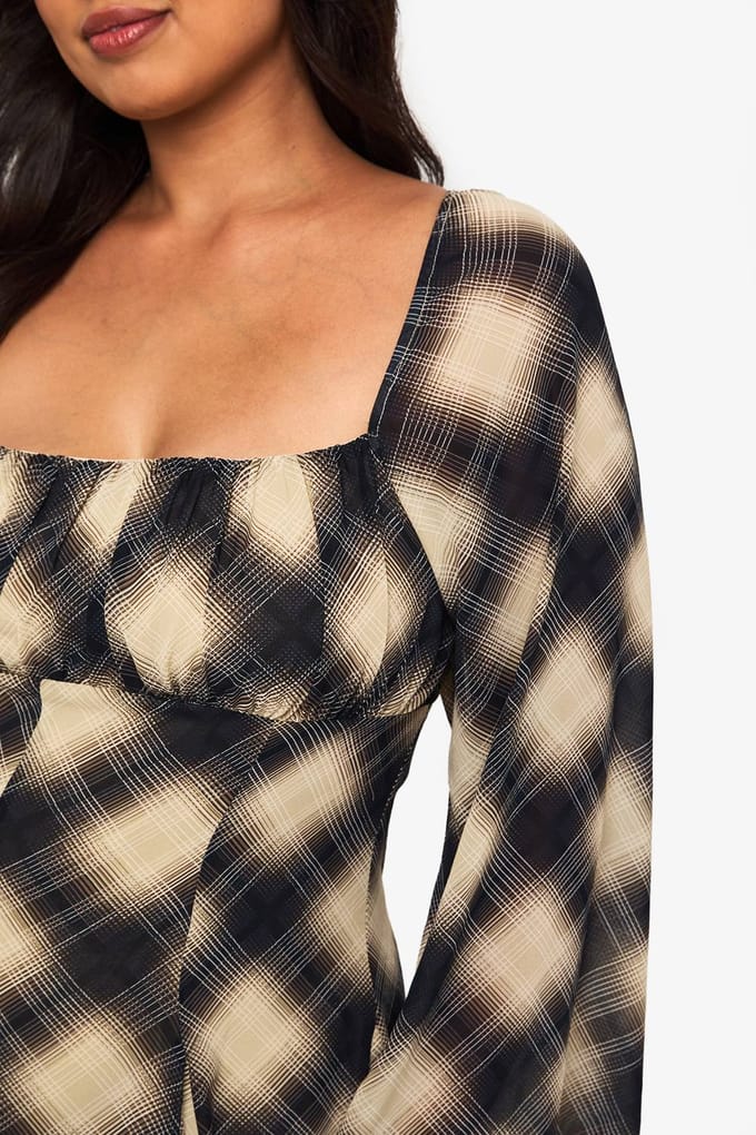 boohoo Dames Plus Check Godet Skater | Steen | Maat: 48