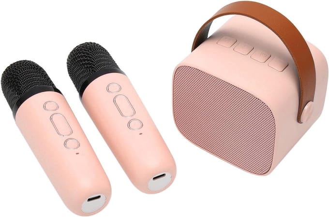 Karaokemachine met microfoons - Draagbare geluidsbox - Feest zingen - Dubbele microfoons - Compact formaat - Roze
