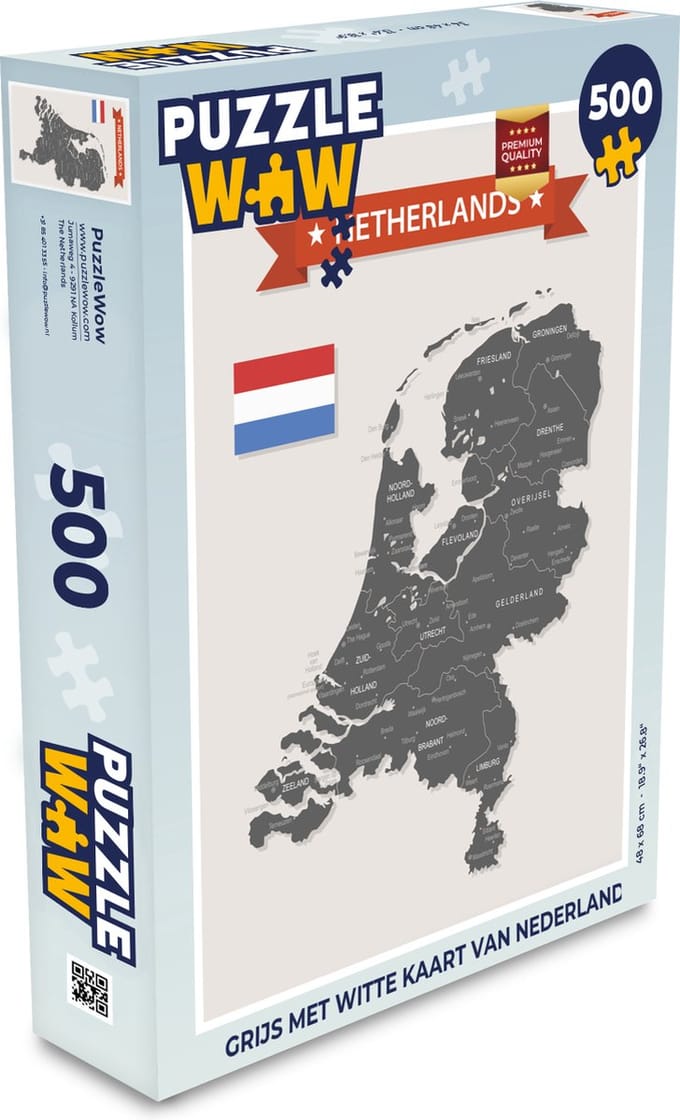 Puzzel Grijs met witte kaart van Nederland - Legpuzzel - Puzzel 500 stukjes